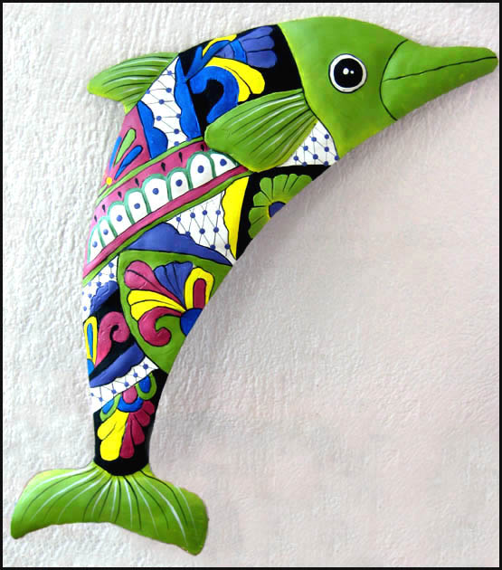 Hand painted metal dolphin wall hanging - Tropical metal garden and patio art - Handcrafted in Haiti from recycled steel drum